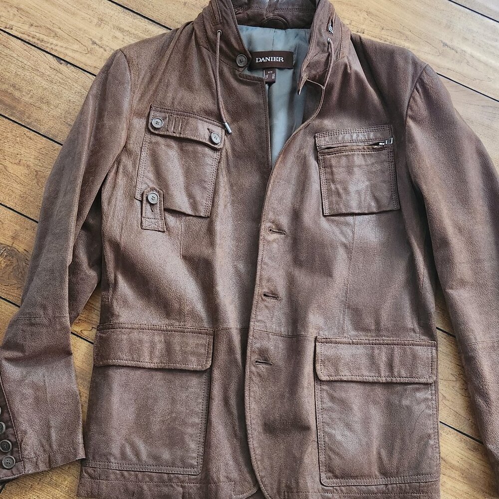 Danier Men's Brown Leather Field Jacket with Multiple Pockets
